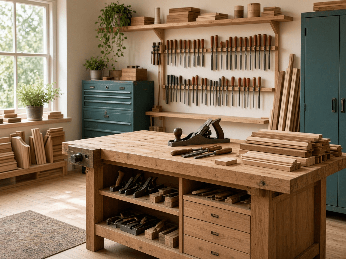 Organized residential contractor workshop with hand tools