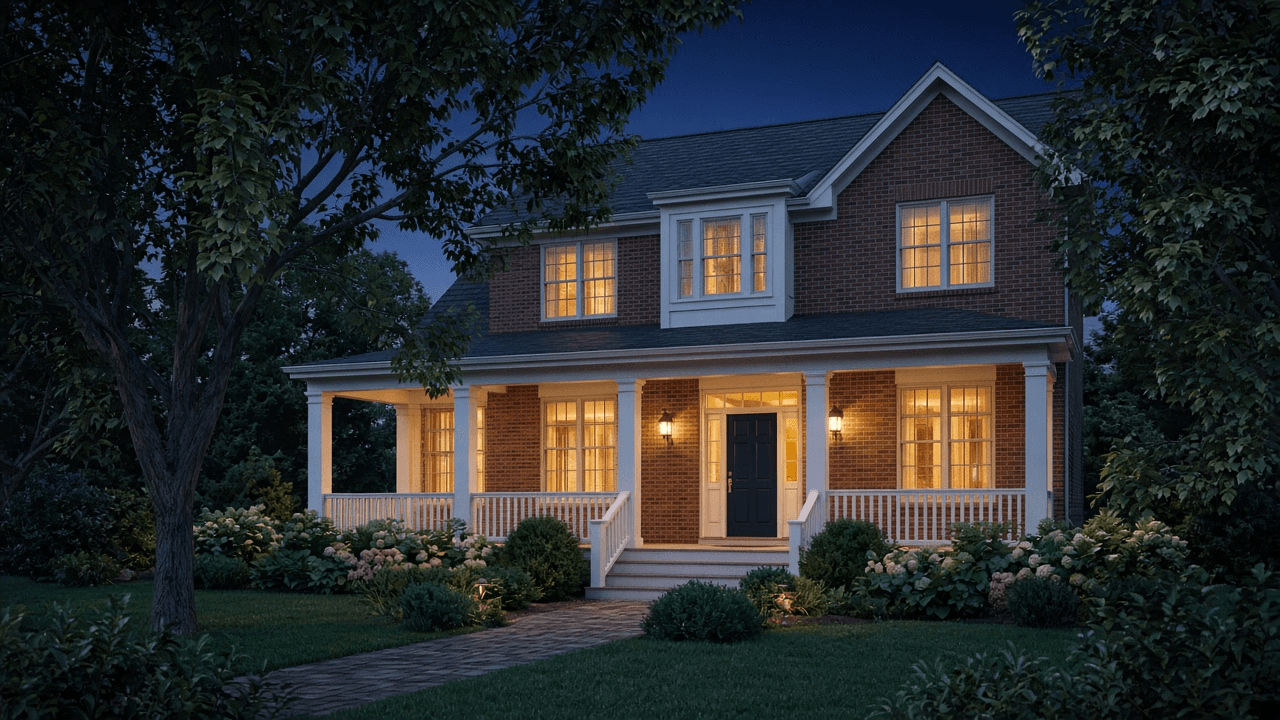 Dusk photograph of a well-kept suburban house with warm interior lights